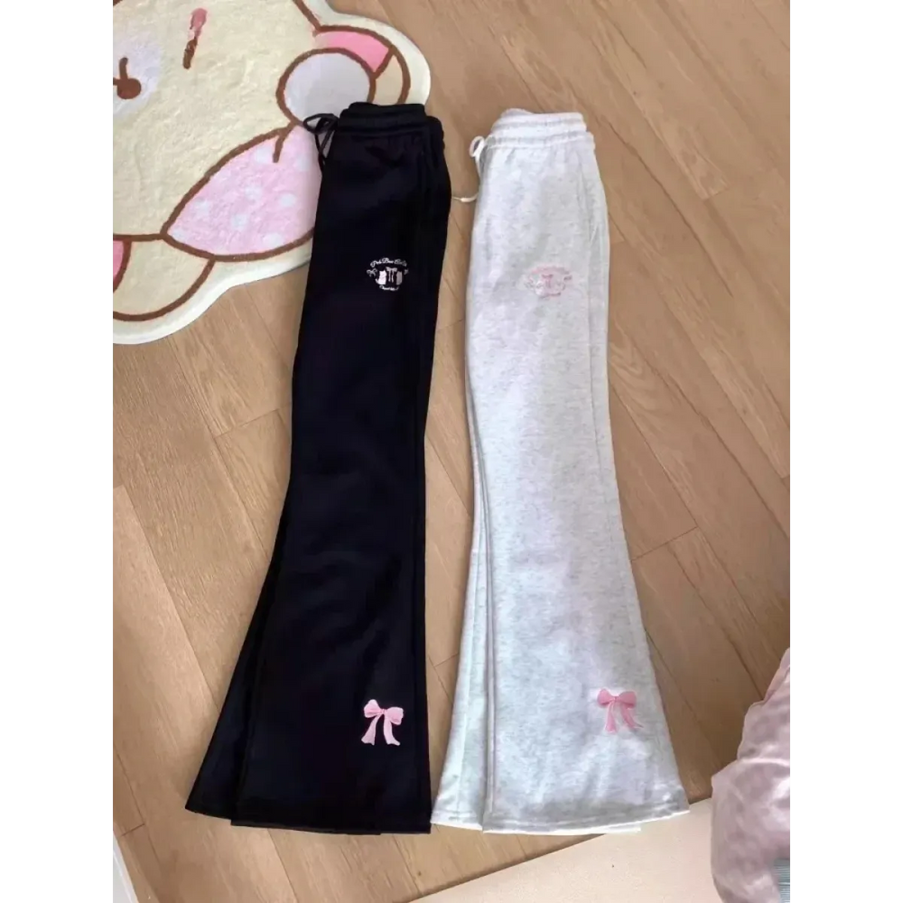 Kawaii High Waist Flare Pants – Bow Embroidery Slim Fit Trousers - Bottoms - Women’s Pants - 1