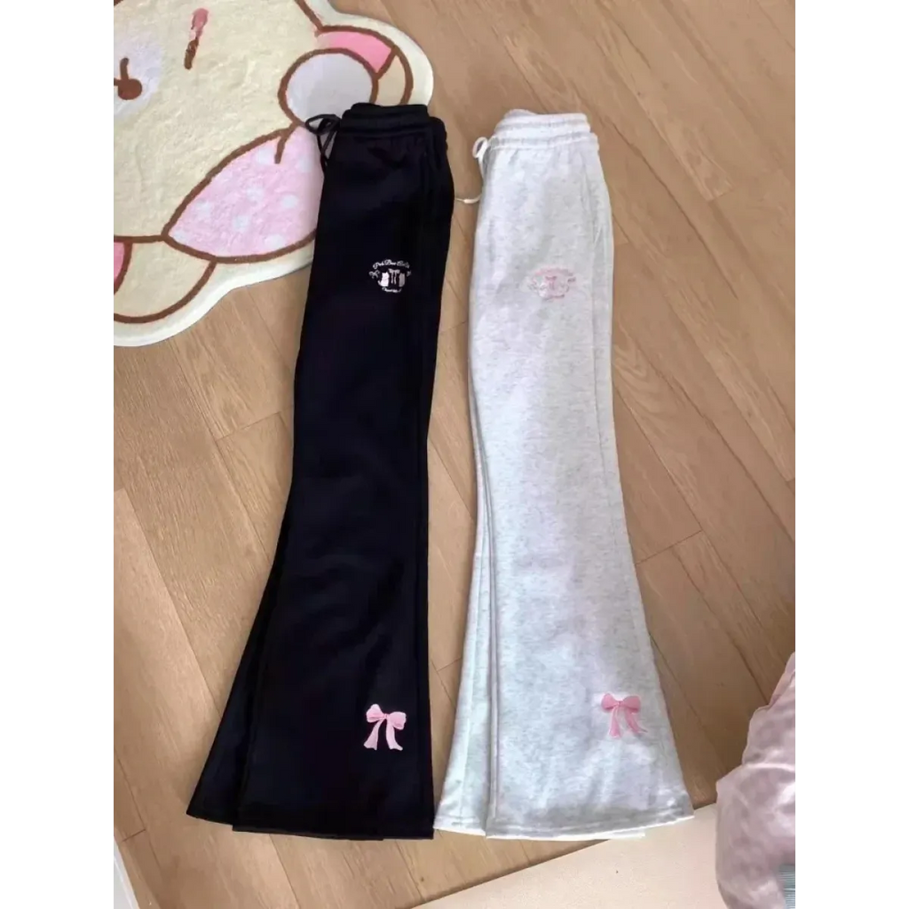 Kawaii High Waist Flare Pants – Bow Embroidery Slim Fit Trousers - Bottoms - Women’s Pants - 1