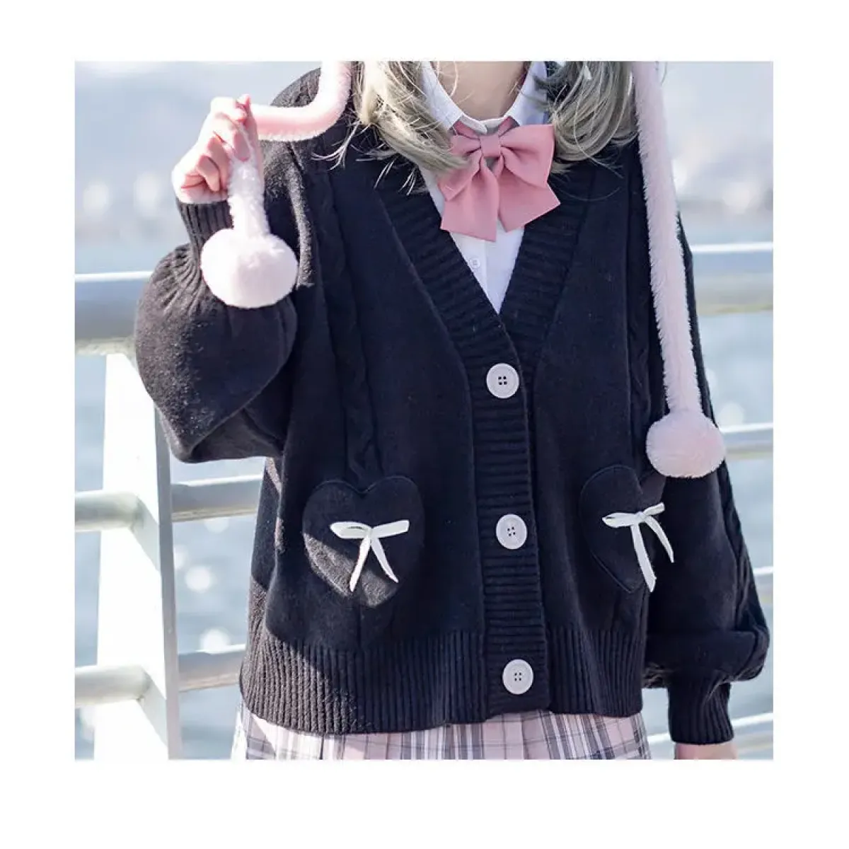 Kawaii Knitted Cardigan – Women’s Heart Pocket Bow Sweater - Sweaters - Long - Shirt - Cardigans - 1