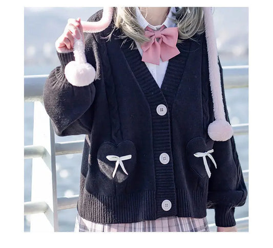 Kawaii Knitted Cardigan – Women’s Heart Pocket Bow Sweater - Sweaters - Cardigans - 2024 - 1 - Worldwide Shipping