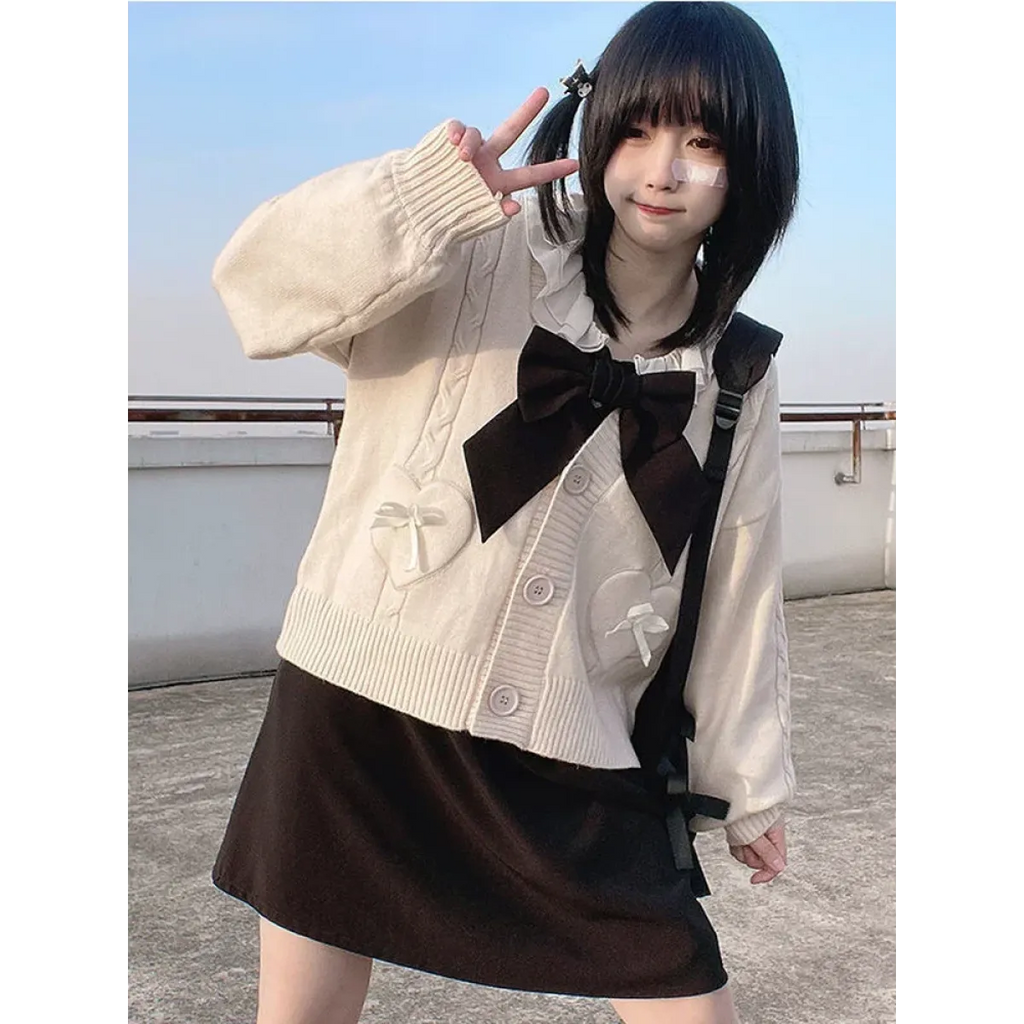 Kawaii Knitted Cardigan – Women’s Heart Pocket Bow Sweater - Sweaters - Long - Shirt - Cardigans - 3