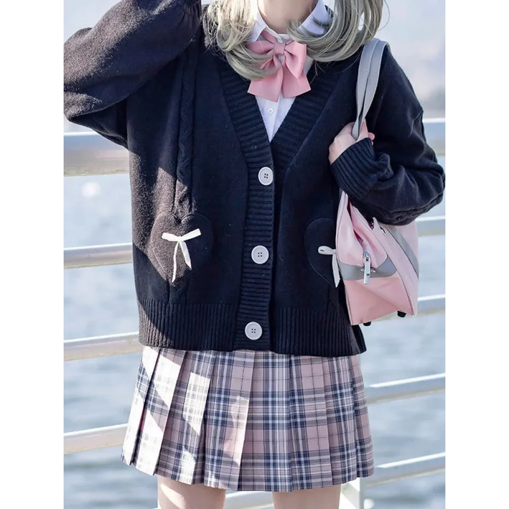 Kawaii Knitted Cardigan – Women’s Heart Pocket Bow Sweater - Sweaters - Long - Shirt - Cardigans - 4