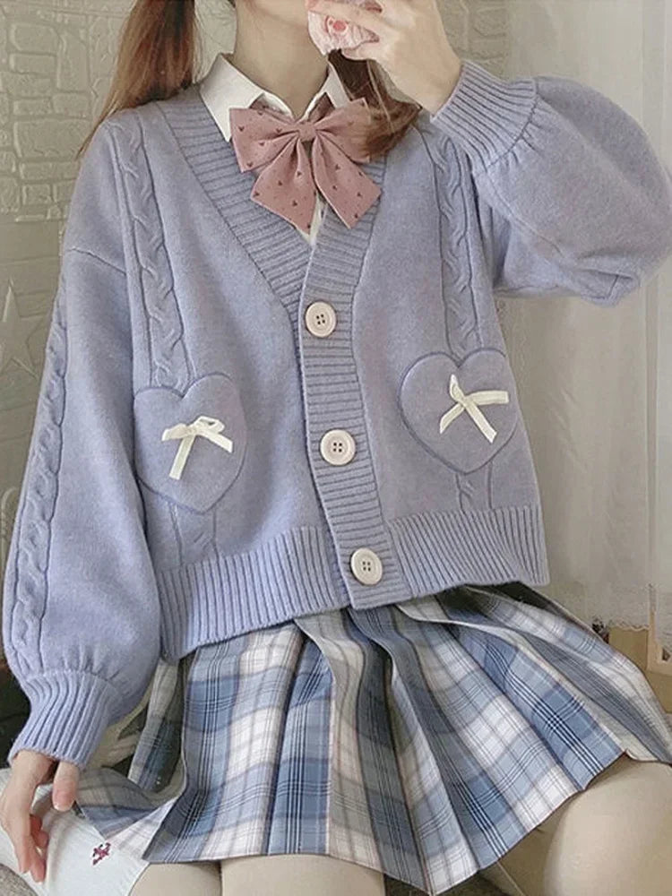 Kawaii Knitted Cardigan – Women’s Heart Pocket Bow Sweater - Sweaters - Cardigans - 2024 - 5 - Worldwide Shipping