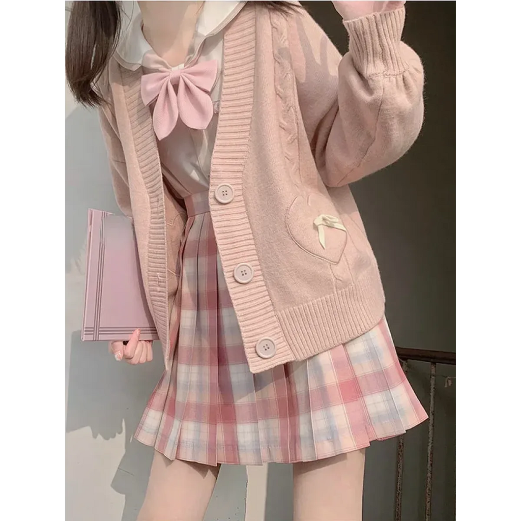 Kawaii Knitted Cardigan – Women’s Heart Pocket Bow Sweater - Sweaters - Long - Shirt - Cardigans - 6