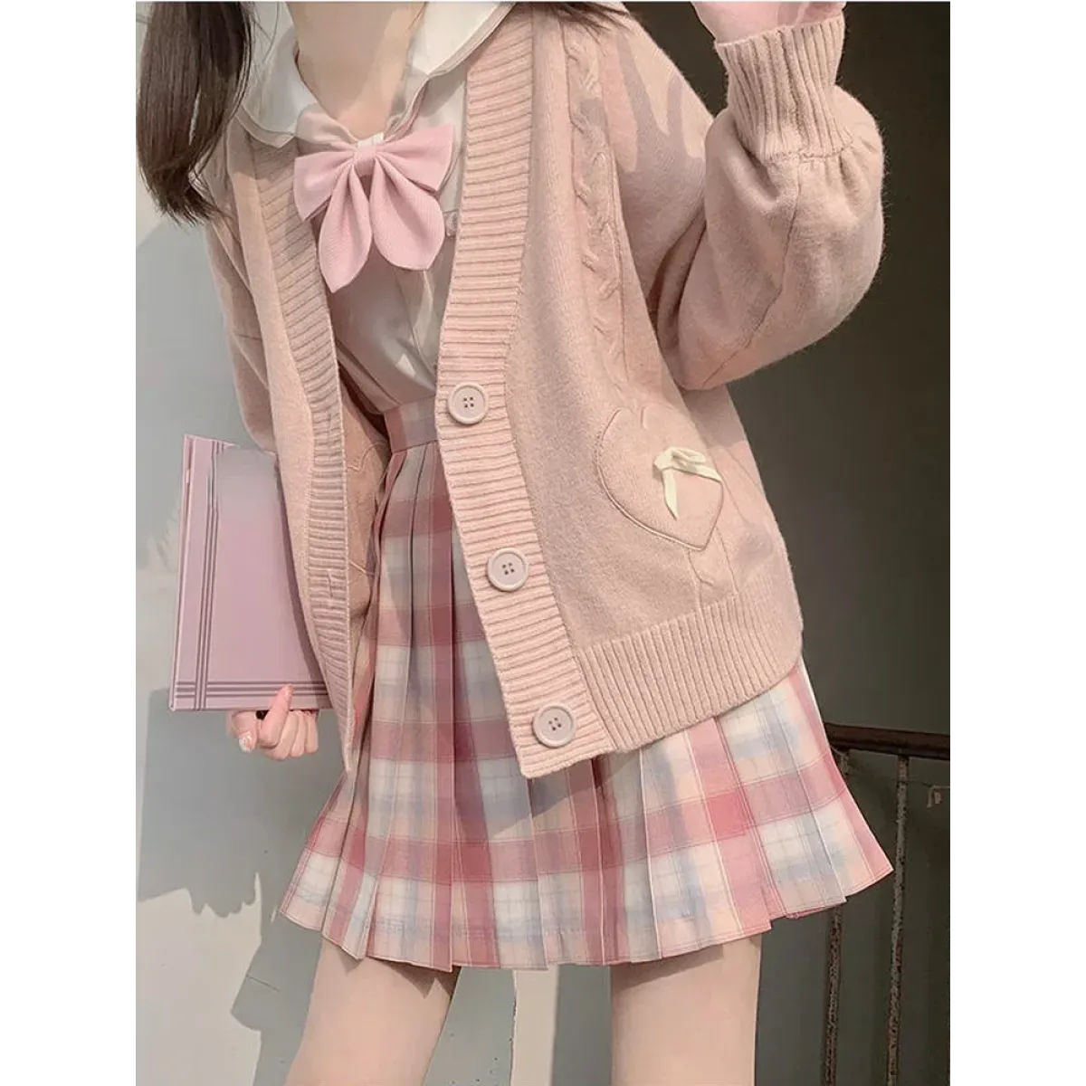 Kawaii Knitted Cardigan – Women’s Heart Pocket Bow Sweater - Sweaters - Long - Shirt - Cardigans - 6