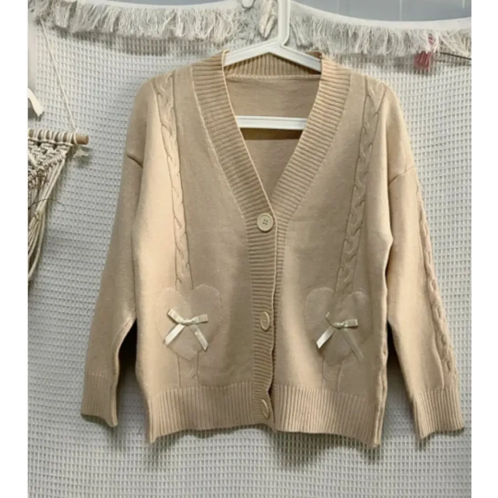 Kawaii Knitted Cardigan – Women’s Heart Pocket Bow Sweater - Sweaters - Long - Shirt - Cardigans - 8