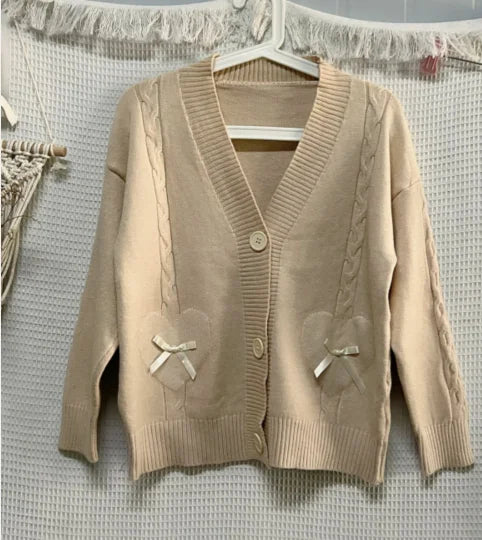 Kawaii Knitted Cardigan – Women’s Heart Pocket Bow Sweater - Beige / S - Sweaters - Cardigans - 2024 - 8