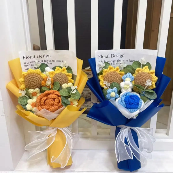 Kawaii Knitted Sunflower & Rose Bouquet – Crochet Gift for Birthday or Graduation - Plushies - Plushie - 1