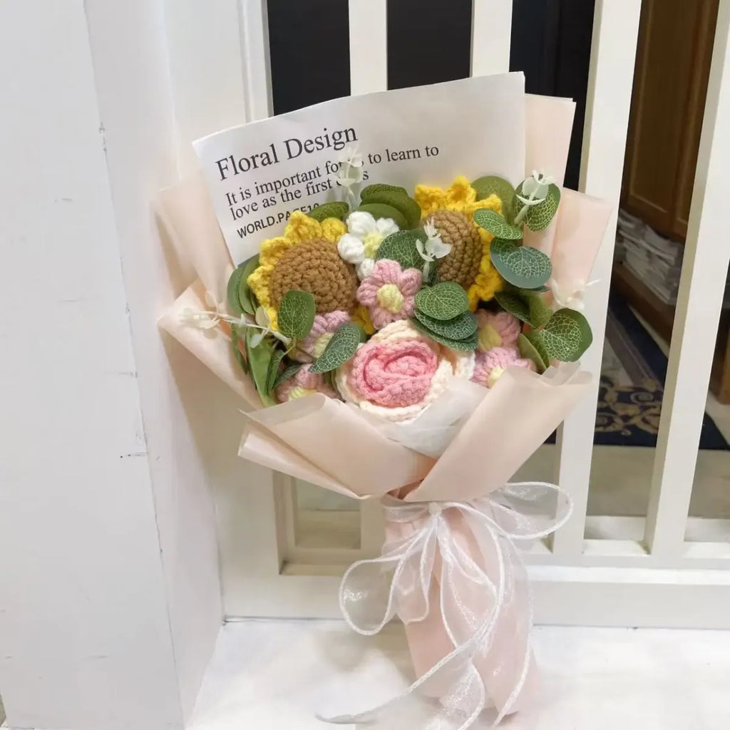 Kawaii Knitted Sunflower & Rose Bouquet – Crochet Gift for Birthday or Graduation - Plushies - Plushie - 11