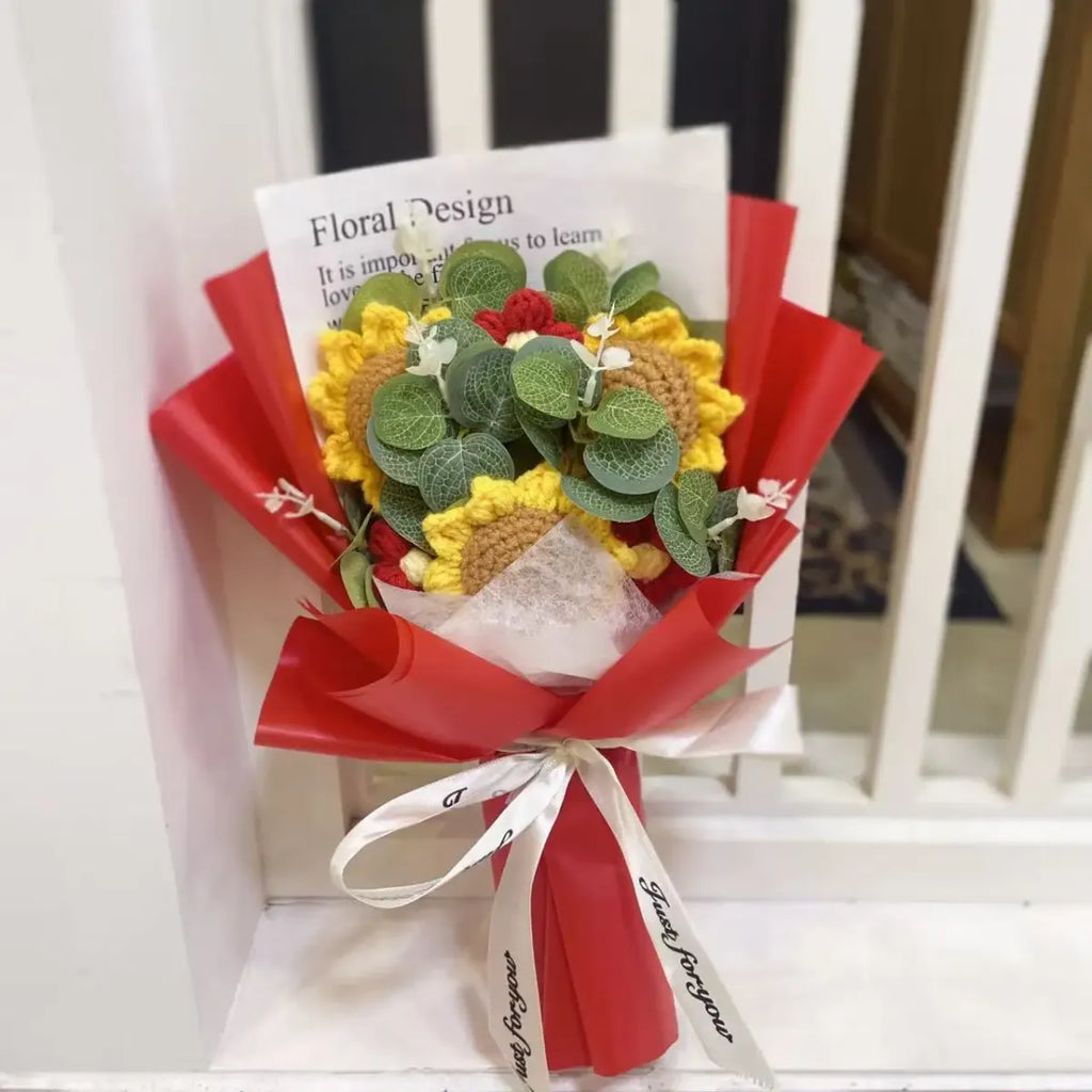 Kawaii Knitted Sunflower & Rose Bouquet – Crochet Gift for Birthday or Graduation - Plushies - Plushie - 10