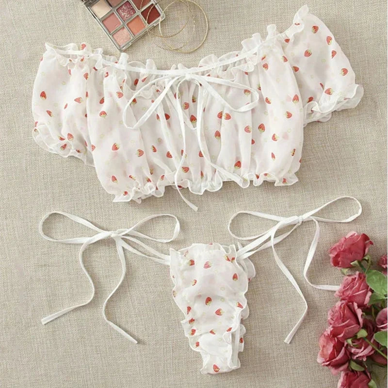 Off Shoulder Kawaii Lingerie Set - Cute Strawberry Print Bra with Ruffles - Women’s Clothing & Accessories