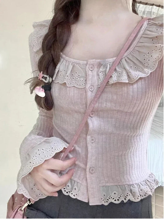 Lace-Trim Cardigan – Kawaii Lolita Knit Sweater Top - Pink / S - Sweaters - 2025 - 6 - Worldwide Shipping