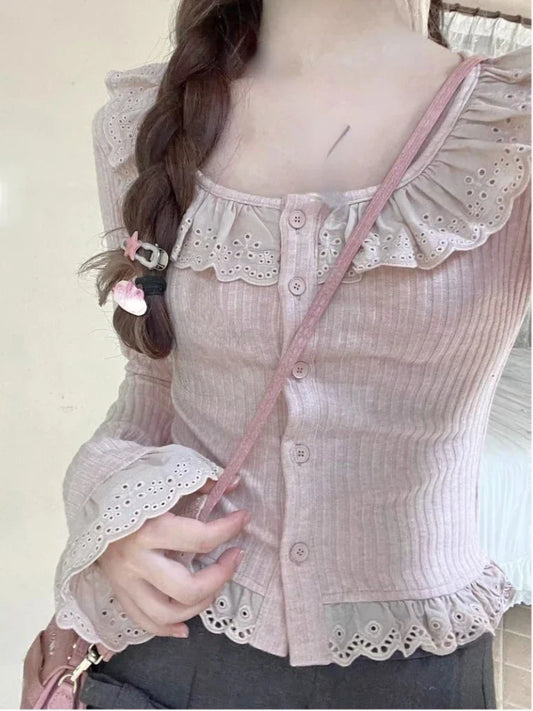 Lace-Trim Cardigan – Kawaii Lolita Knit Sweater Top - Sweaters - 2025 - 2 - Worldwide Shipping