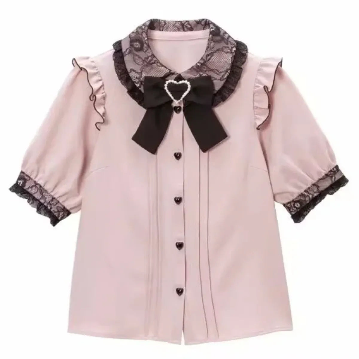 Kawaii Lolita Lace Blouse – Y2K Grunge Bow Shirt with Heart Buttons - T-Shirts - Short - Blouses - 1
