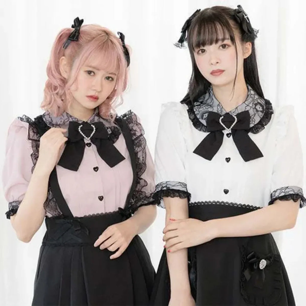 Kawaii Lolita Lace Blouse – Y2K Grunge Bow Shirt with Heart Buttons - T-Shirts - Short - Blouses - 2