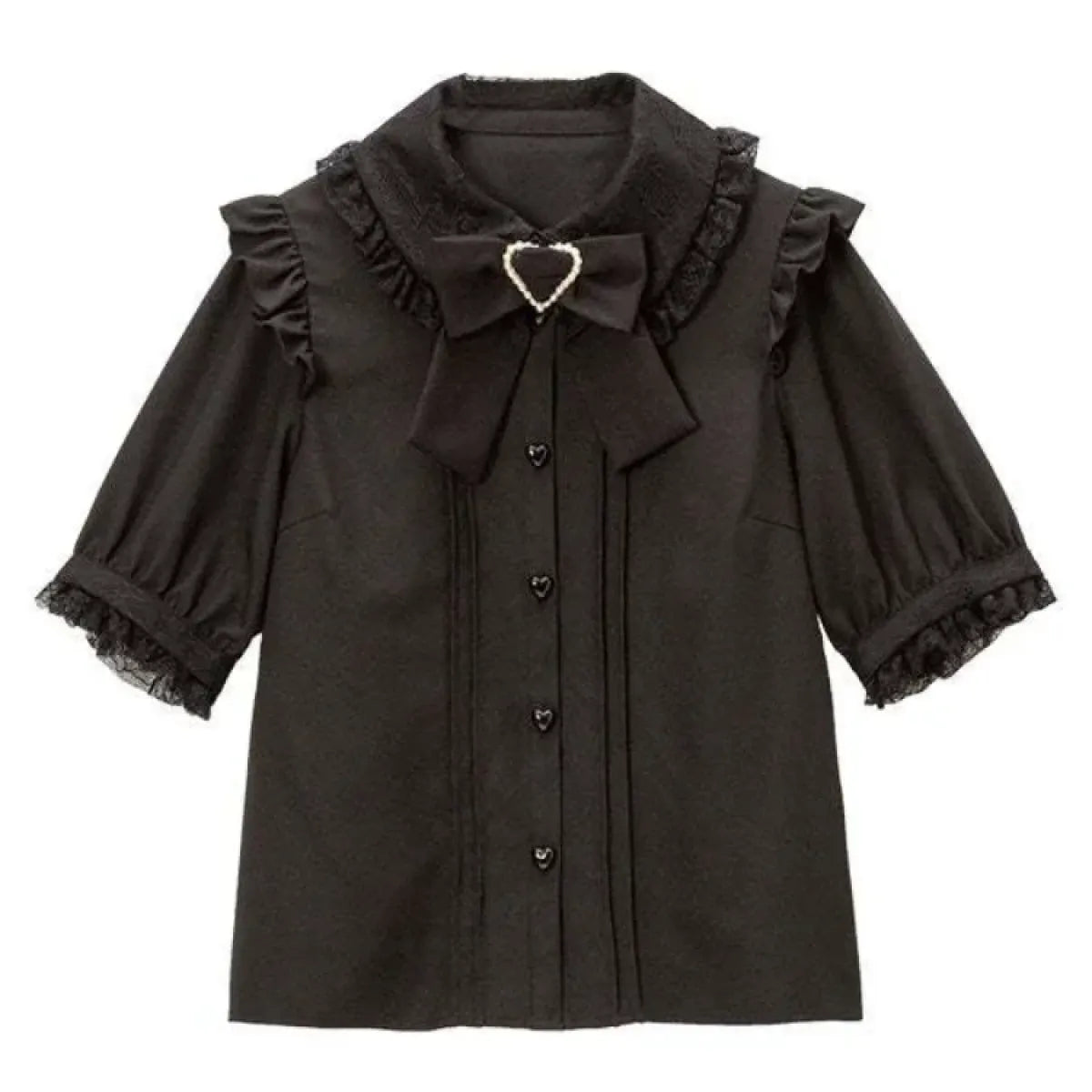 Kawaii Lolita Lace Blouse – Y2K Grunge Bow Shirt with Heart Buttons - T-Shirts - Short - Blouses - 5
