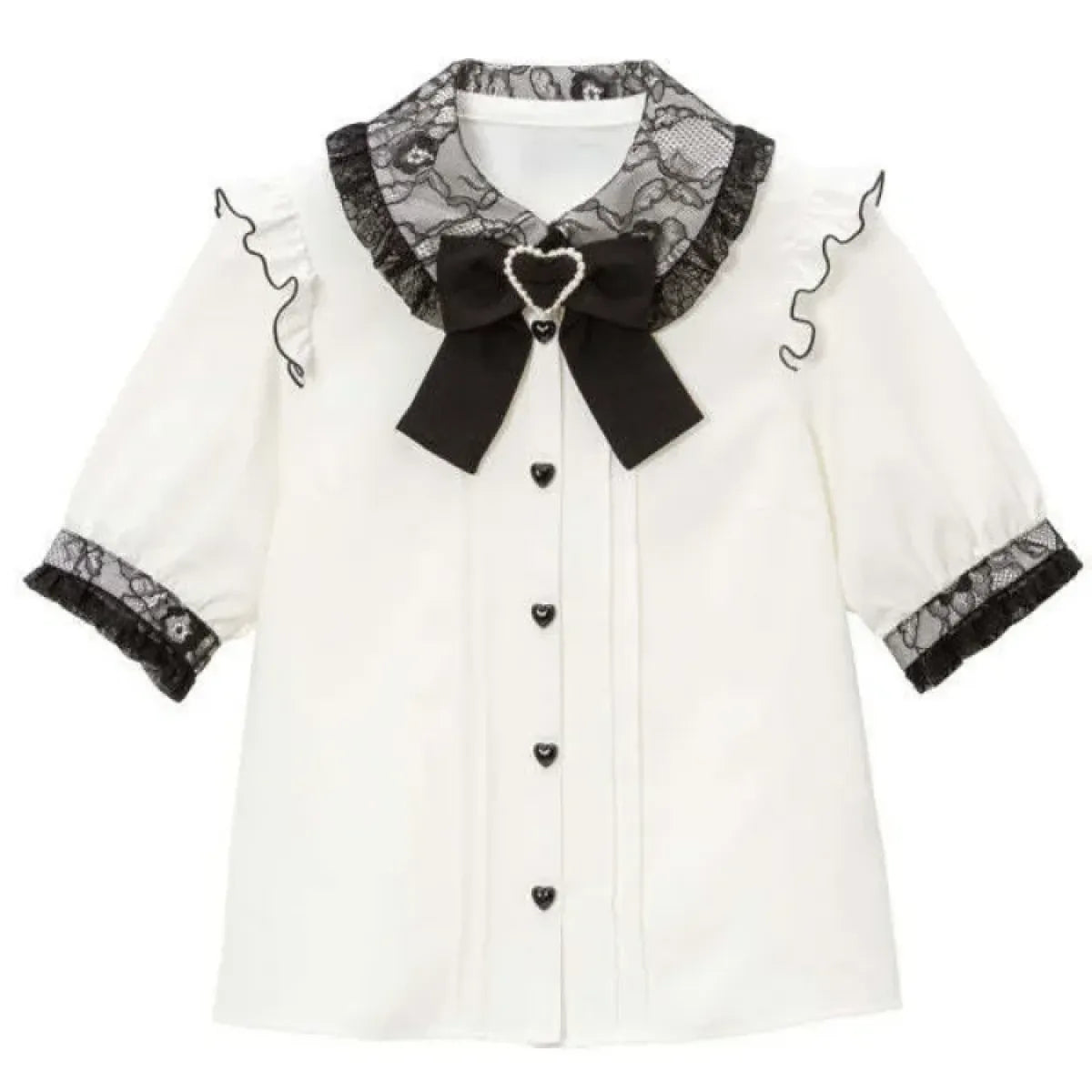Kawaii Lolita Lace Blouse – Y2K Grunge Bow Shirt with Heart Buttons - T-Shirts - Short - Blouses - 6