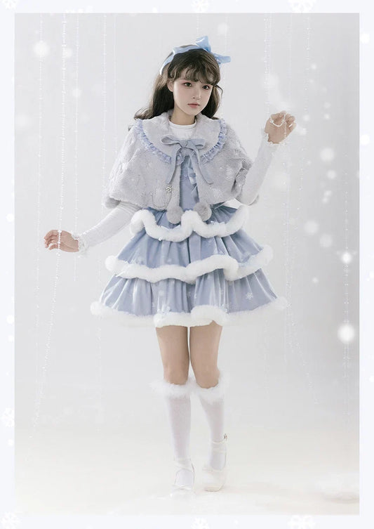 Kawaii Lolita Outfit with Plush Dress & Cape - All Dresses - Dresses - 1 - 2024