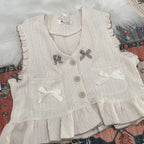 Kawaii Lolita Ruffle Knit Sweater Vest - Japanese Bow Cardigan - Sweaters - 1
