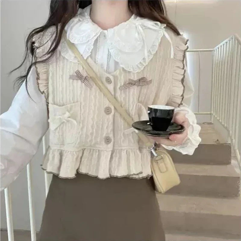 Kawaii Lolita Ruffle Knit Sweater Vest - Japanese Bow Cardigan - Sweaters - Shirts & Tops - 4 - 2024