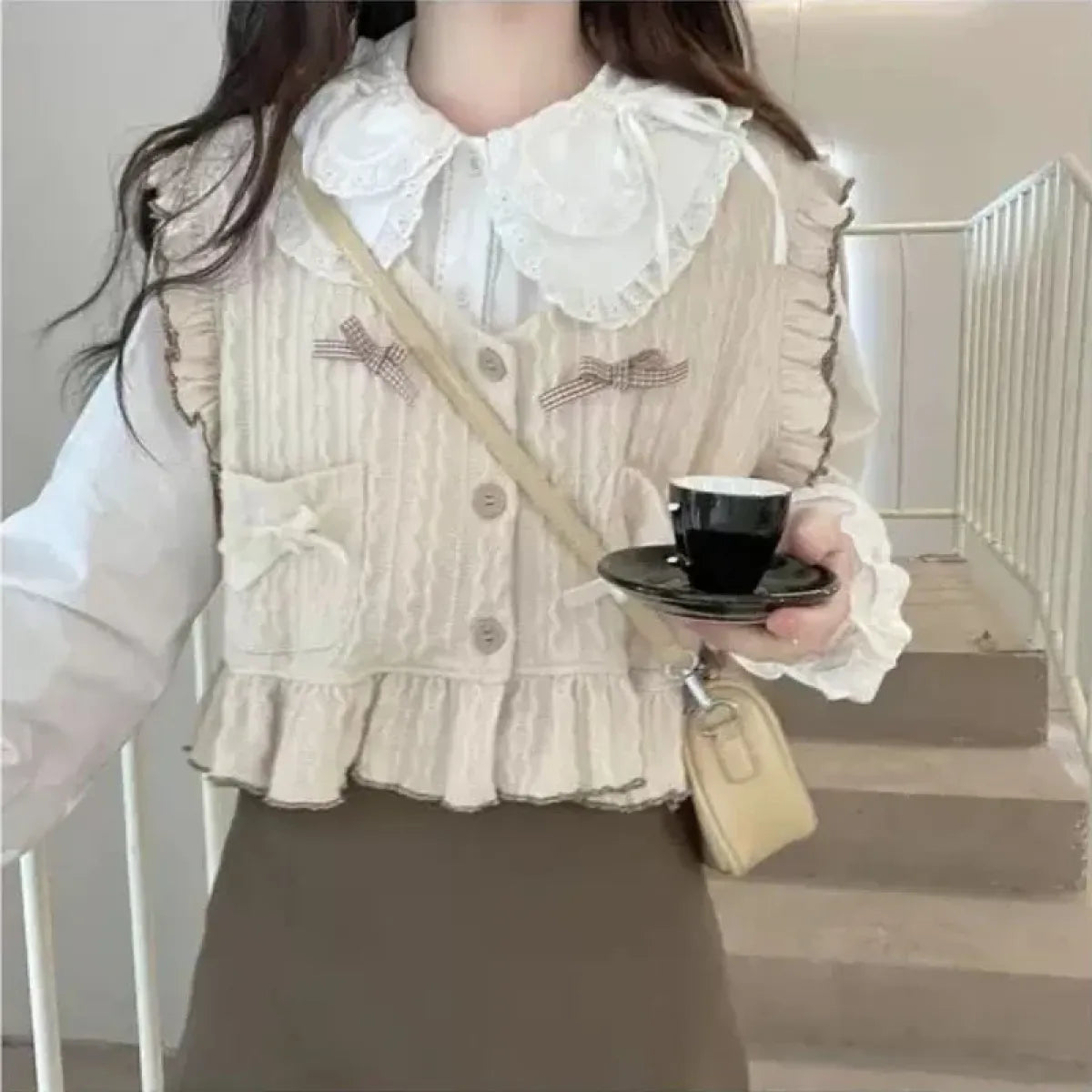 Kawaii Lolita Ruffle Knit Sweater Vest - Japanese Bow Cardigan - Sweaters - 4