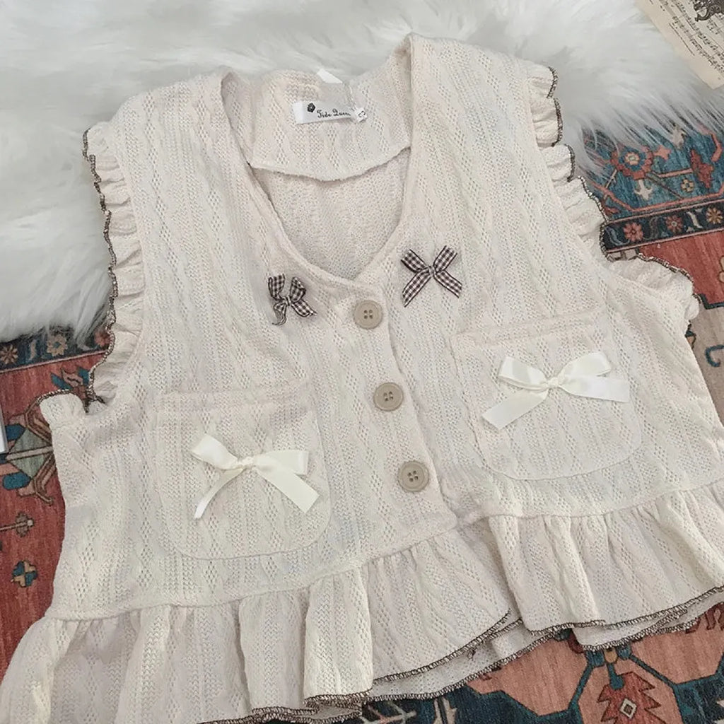 Kawaii Lolita Ruffle Knit Sweater Vest - Japanese Bow Cardigan - Sweaters - 6