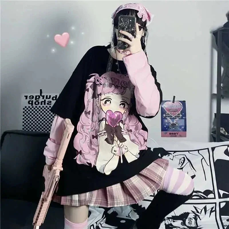 Anime Kawaii Long Sleeve Hoodie - Loose Harajuku E-Girl Sweatshirt - T-Shirts - Shirts & Tops - 4 - 2024