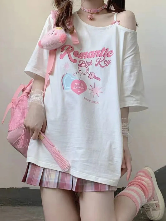 Kawaii Off-Shoulder Graphic Tee for Women - T-Shirts - Shirts & Tops - 2 - 2024