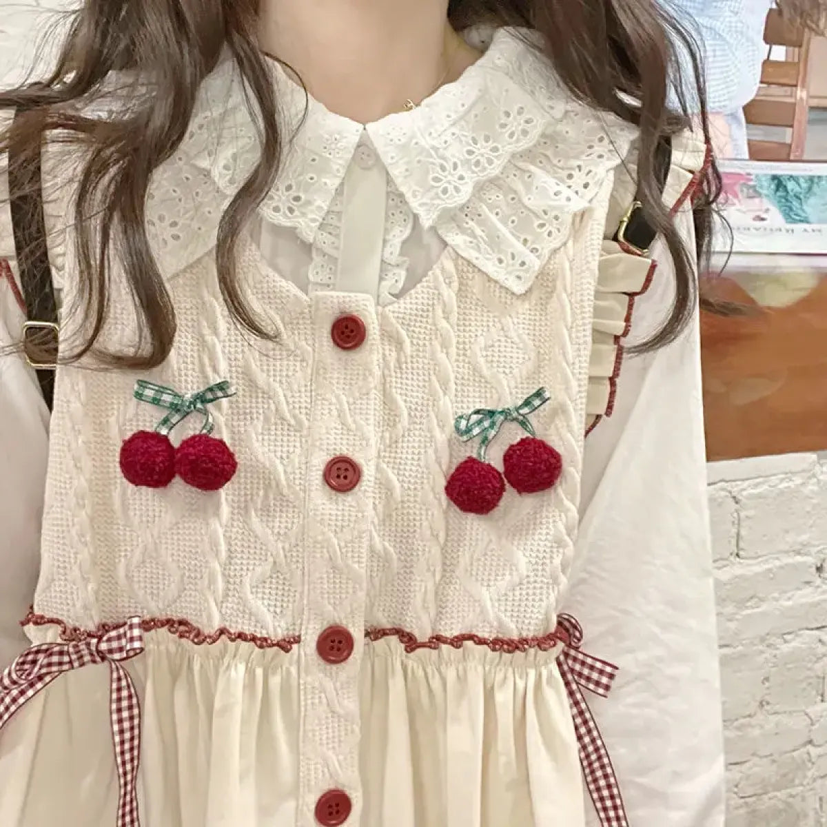 Kawaii Patchwork Cherry Bow Knit Sweater Vest - Sweaters - 1