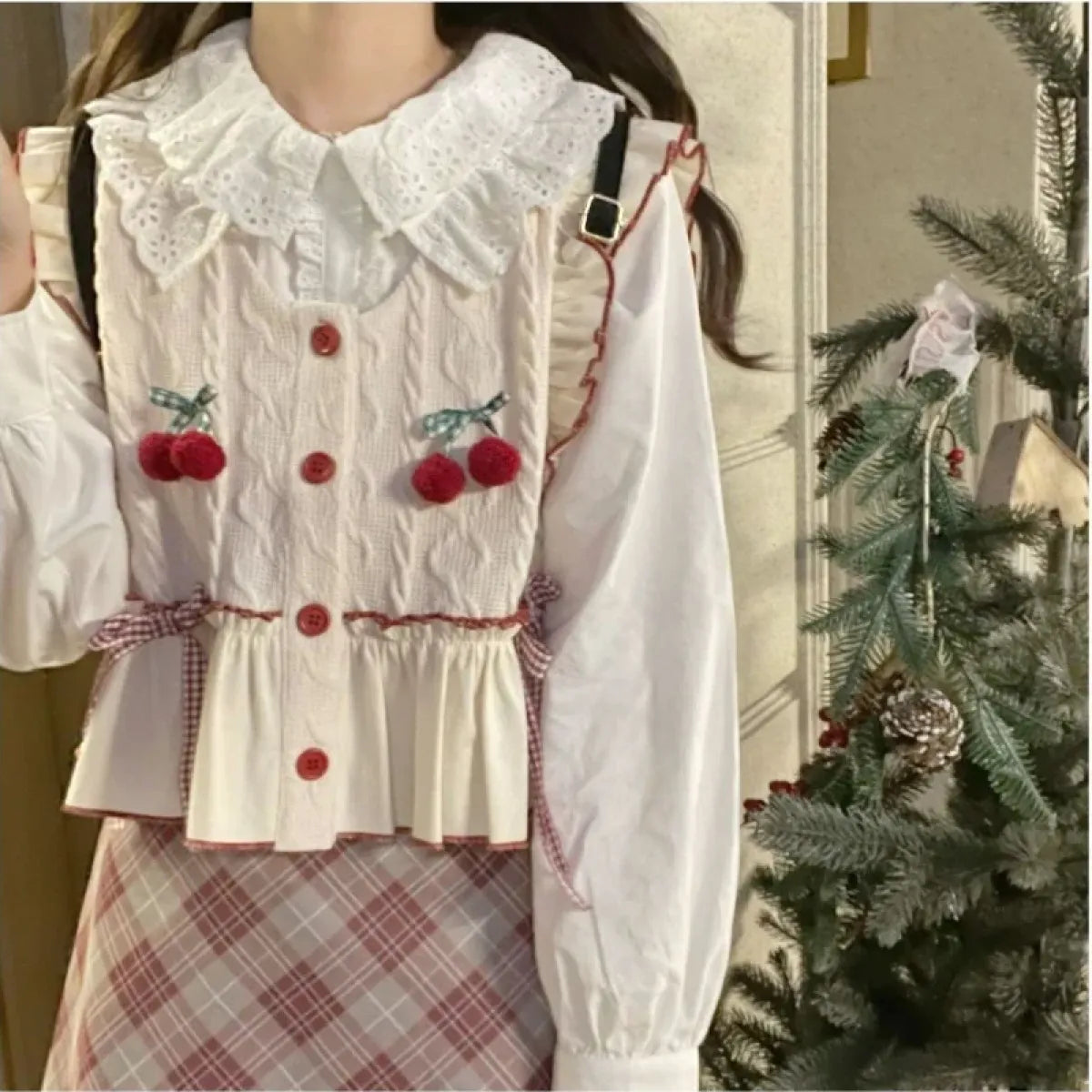 Kawaii Patchwork Cherry Bow Knit Sweater Vest - Sweaters - 10