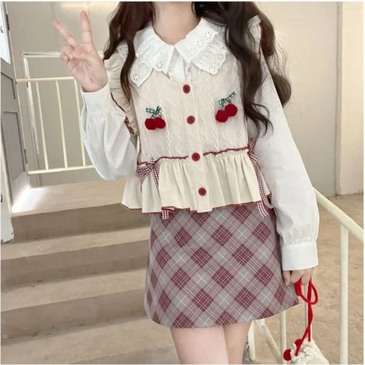 Kawaii Patchwork Cherry Bow Knit Sweater Vest - Sweaters - 11