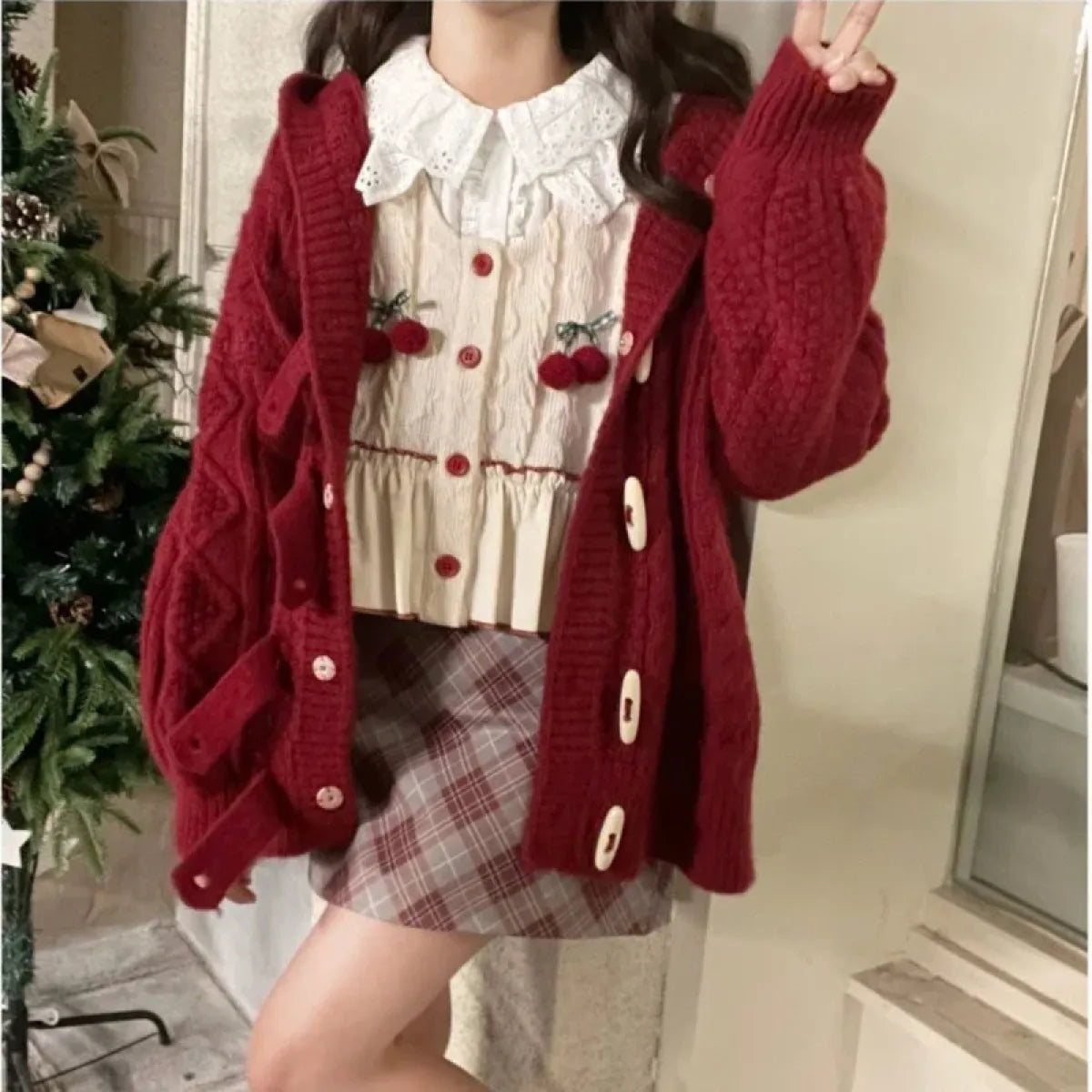 Kawaii Patchwork Cherry Bow Knit Sweater Vest - Sweaters - 12