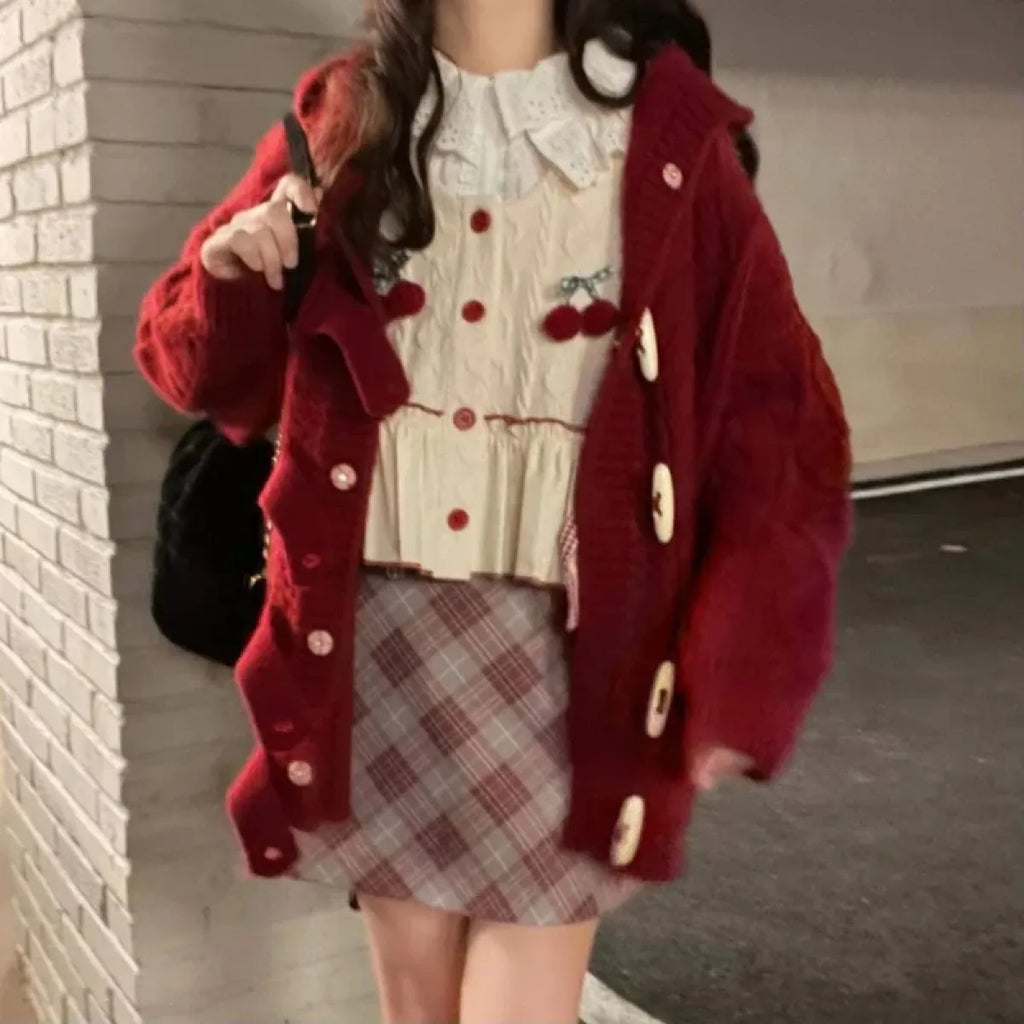 Kawaii Patchwork Cherry Bow Knit Sweater Vest - Sweaters - 14