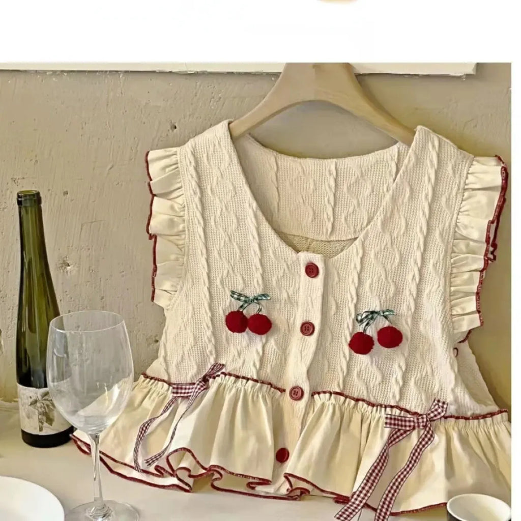 Kawaii Patchwork Cherry Bow Knit Sweater Vest - Sweaters - 3