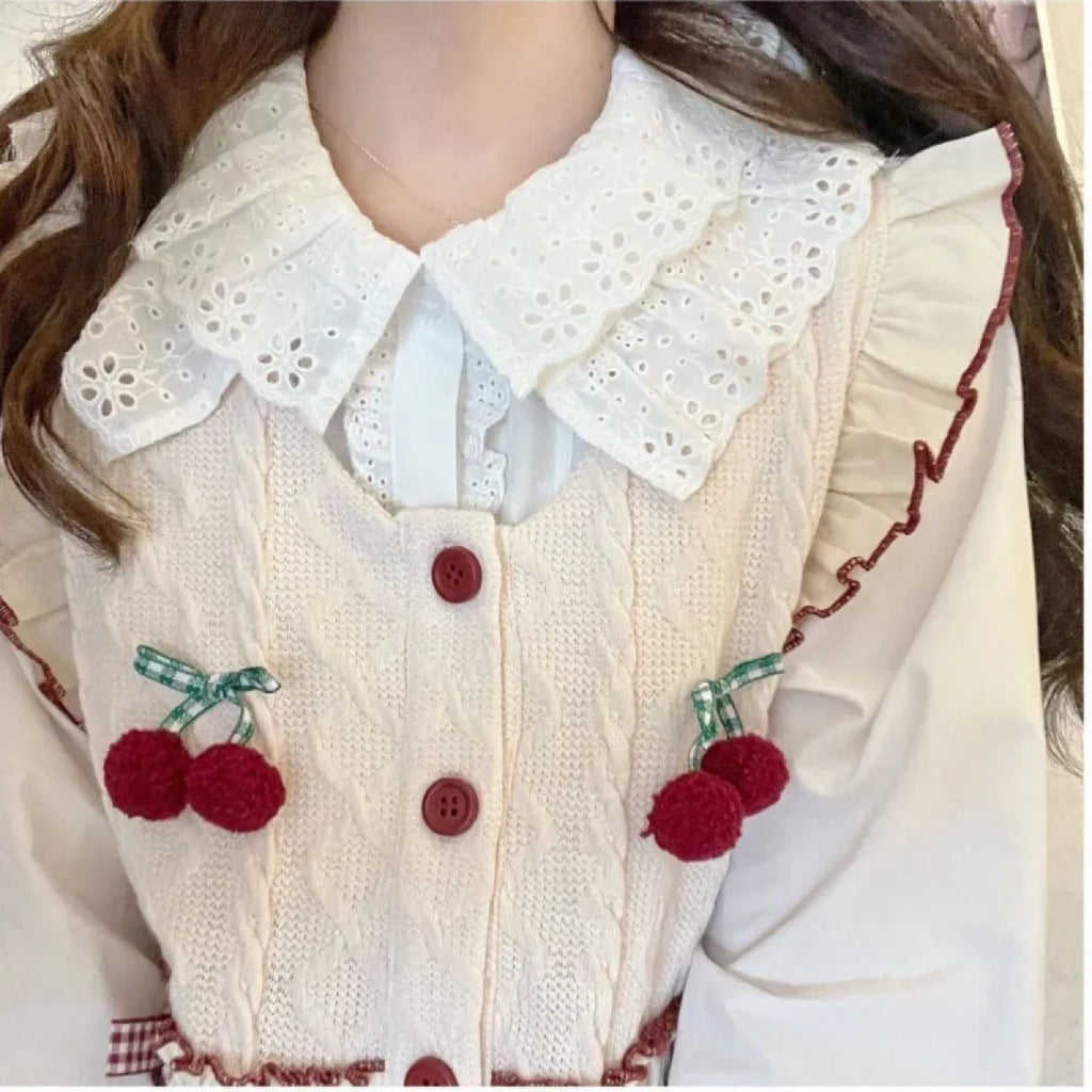 Kawaii Patchwork Cherry Bow Knit Sweater Vest - Sweaters - 4