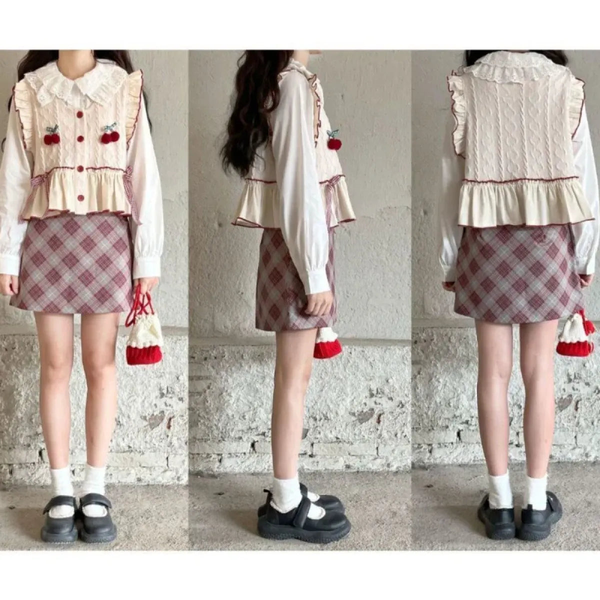 Kawaii Patchwork Cherry Bow Knit Sweater Vest - Sweaters - 6