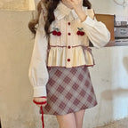 Kawaii Patchwork Cherry Bow Knit Sweater Vest - Sweaters - 9