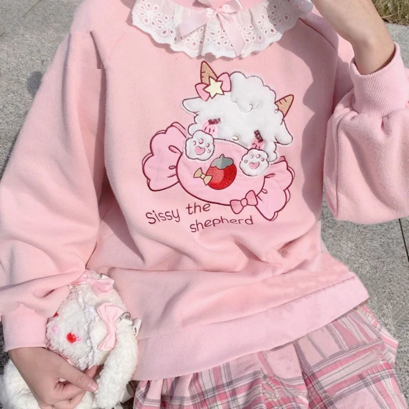 Kawaii Pink Lolita Sweatshirt with Lamb and Candy Embroidery - M / Pink - T-Shirts - Shirts & Tops - 1 - 2024