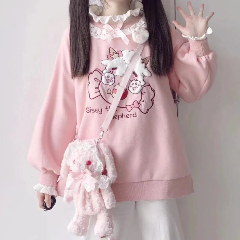 Kawaii Pink Lolita Sweatshirt with Lamb and Candy Embroidery - T-Shirts - Shirts & Tops - 3 - 2024