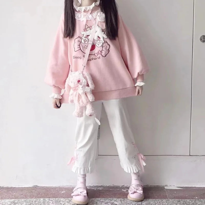 Kawaii Pink Lolita Sweatshirt with Lamb and Candy Embroidery - T-Shirts - Shirts & Tops - 4 - 2024