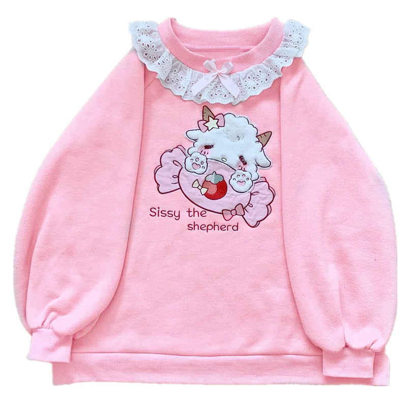 Kawaii Pink Lolita Sweatshirt with Lamb and Candy Embroidery - T-Shirts - Shirts & Tops - 5 - 2024