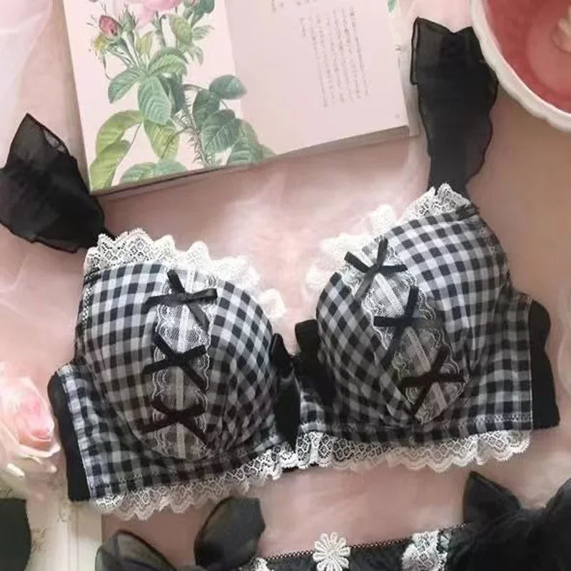 Kawaii Plaid Lace Bra Set - Cute Loli Style Underwear for Women - Women’s Clothing & Accessories - Lingerie - 2024