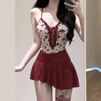 Cherry Print Lace-Up Swimsuit – Kawaii Pleated Skirt Bikini Set - Bottoms - Sleeveless - Swimwear - 1