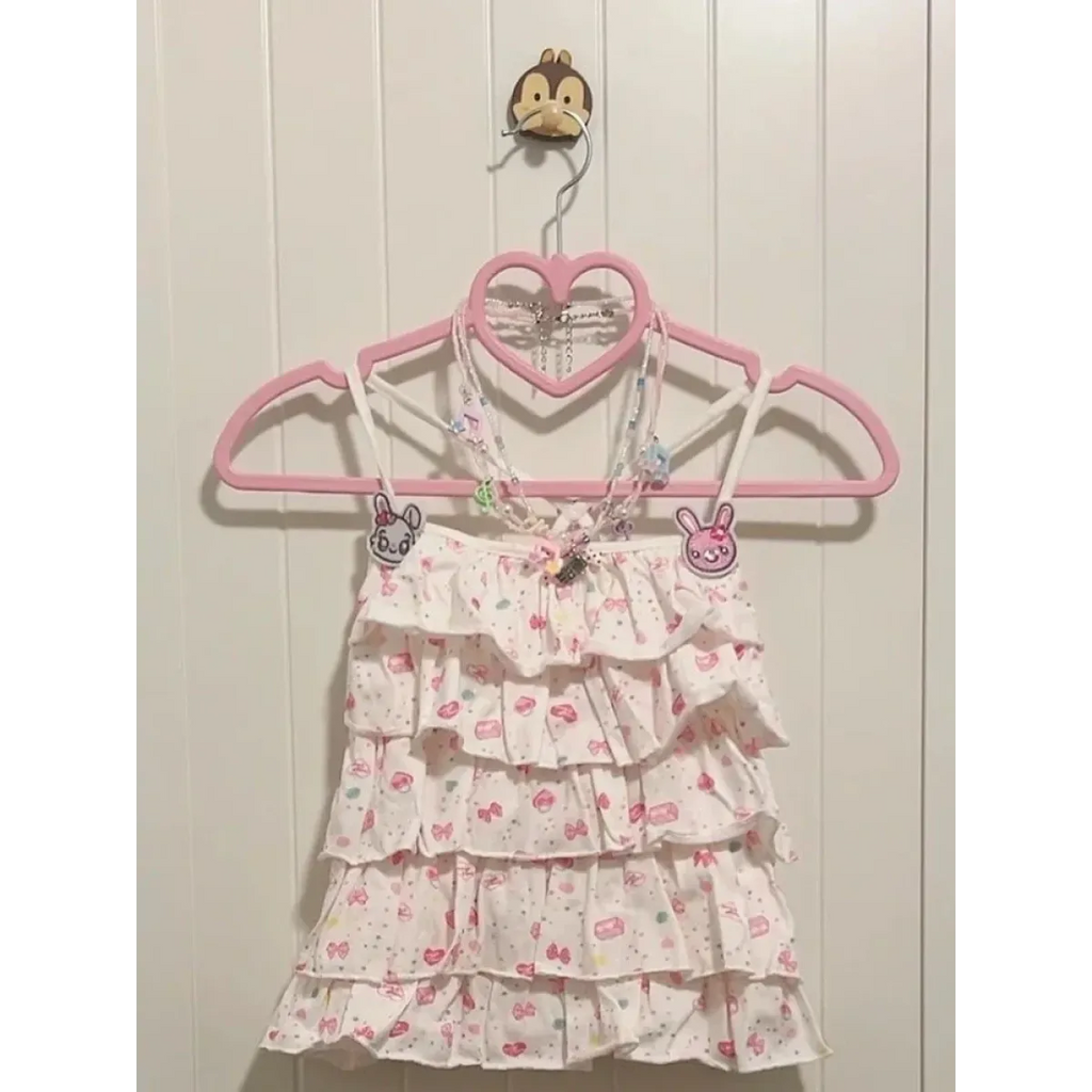 White Kawaii Ruffle Camisole – Bunny Embroidery & Bow Print - Women’s Clothing & Accessories - Camisole - 2