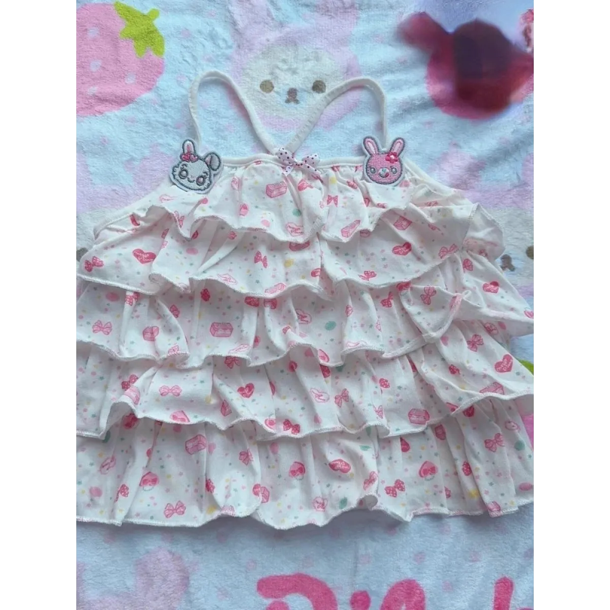 White Kawaii Ruffle Camisole – Bunny Embroidery & Bow Print - Women’s Clothing & Accessories - Camisole - 3