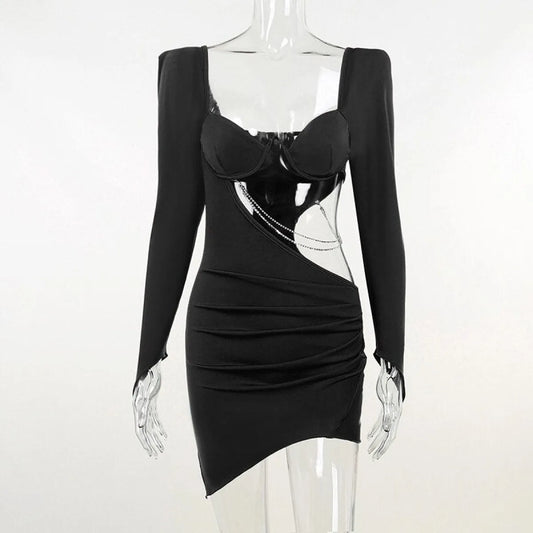 Hollow Out Full Sleeve Mini Dress - All Dresses - 37