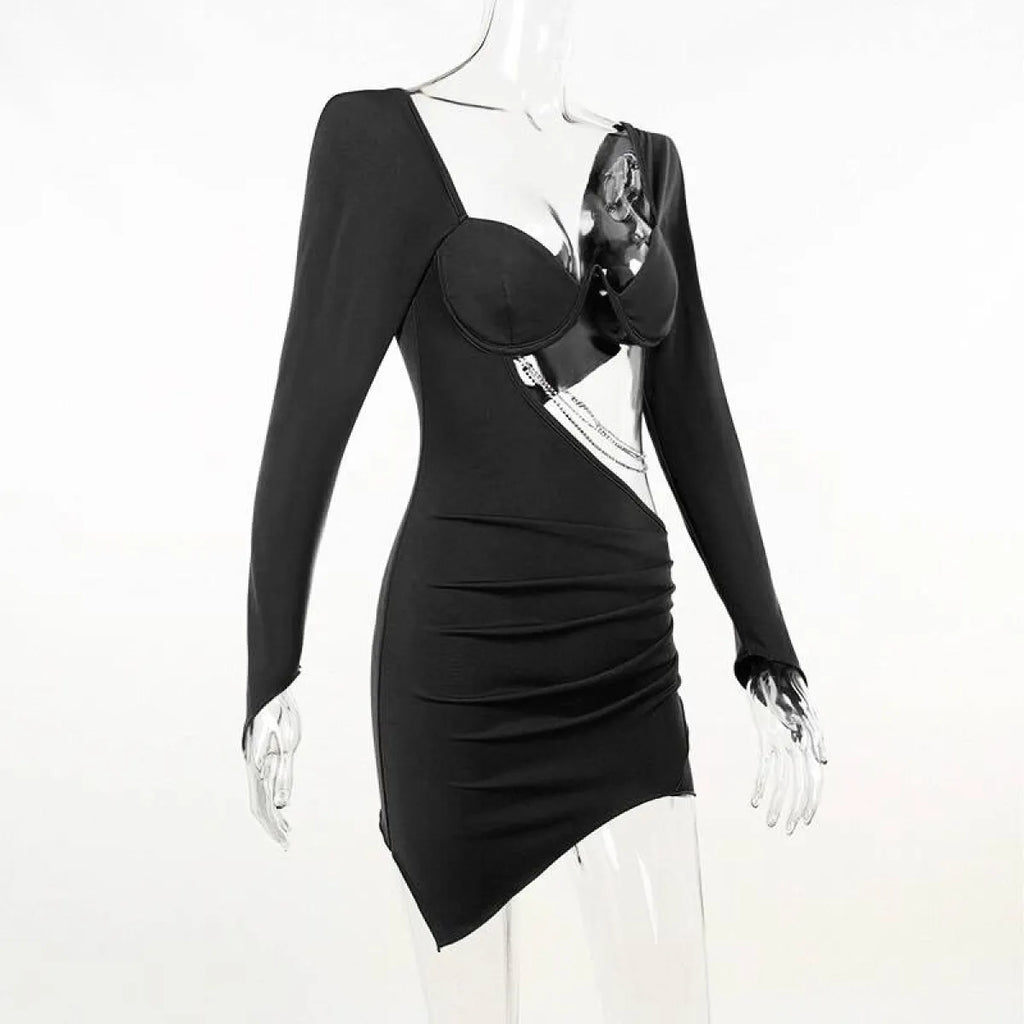 Hollow Out Full Sleeve Mini Dress - All Dresses - 25