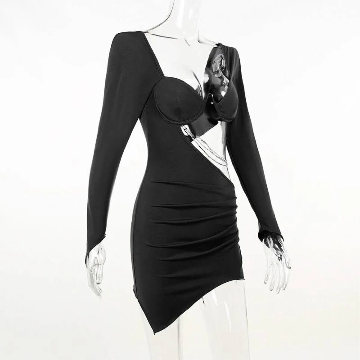 Hollow Out Full Sleeve Mini Dress - All Dresses - 25