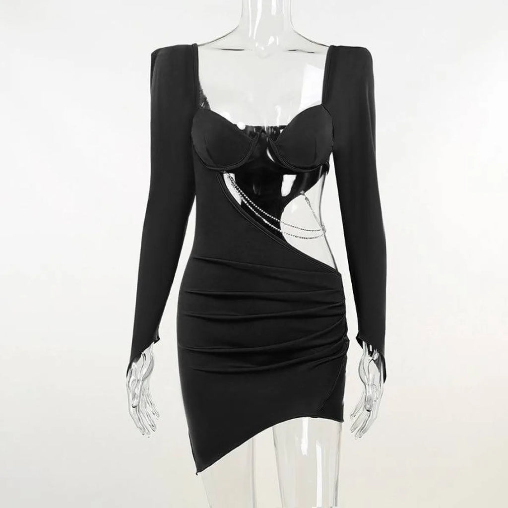 Hollow Out Full Sleeve Mini Dress - All Dresses - 24