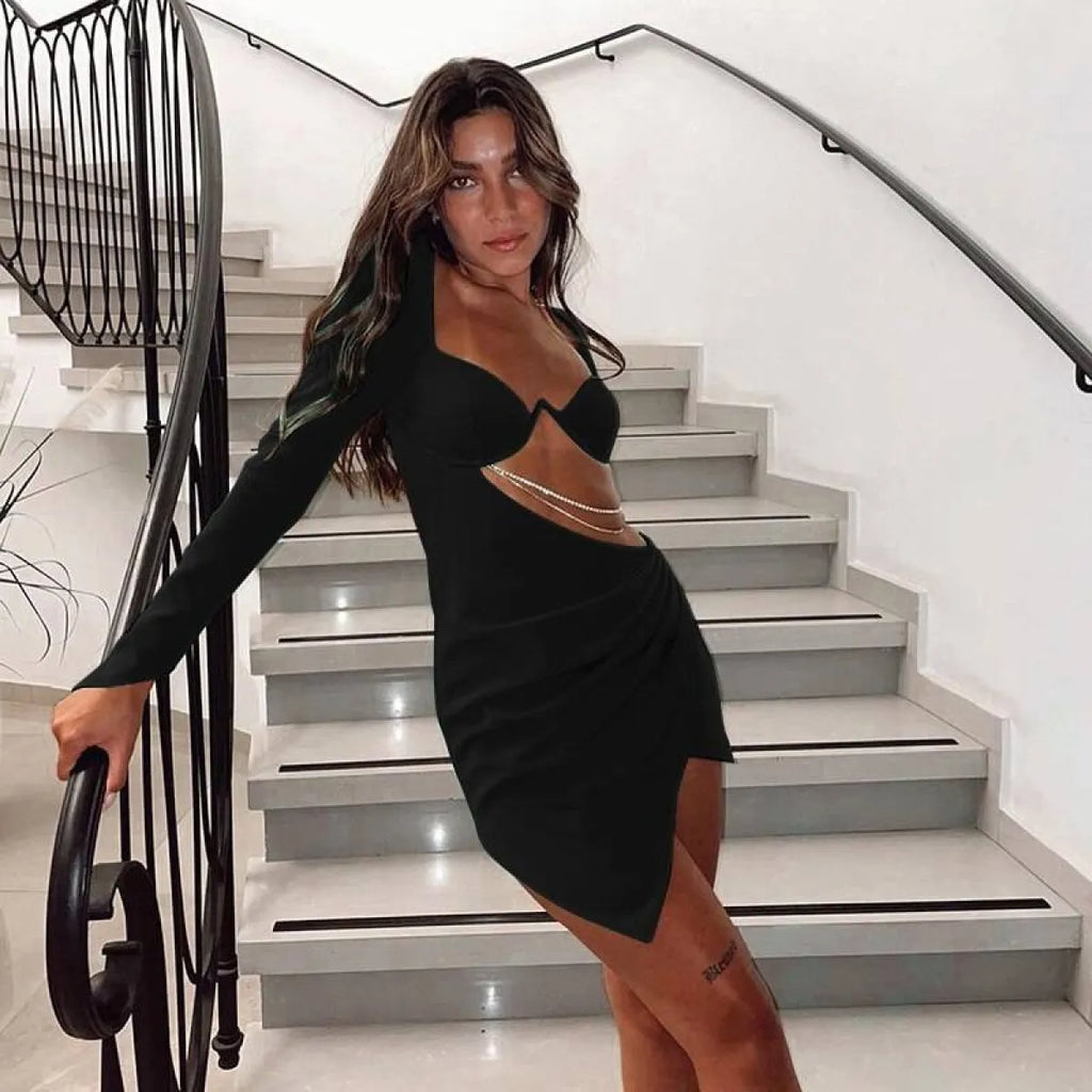 Hollow Out Full Sleeve Mini Dress - All Dresses - 17